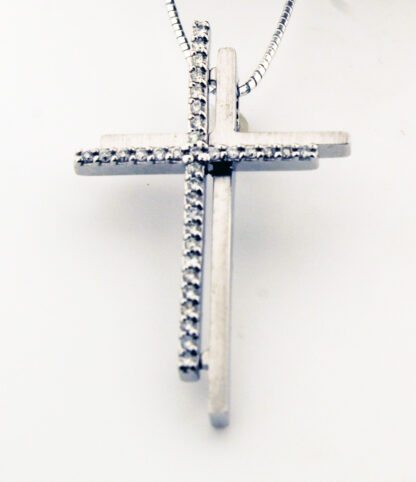 14K White Gold Double Diamond Cross