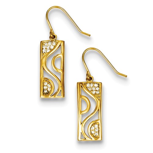 Sterling Silver Gold Plated CZ Rectangle Dangle Earrings - Golden Creations