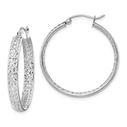 14k White Gold Diamond-Cut In/Out Hoop Earrings