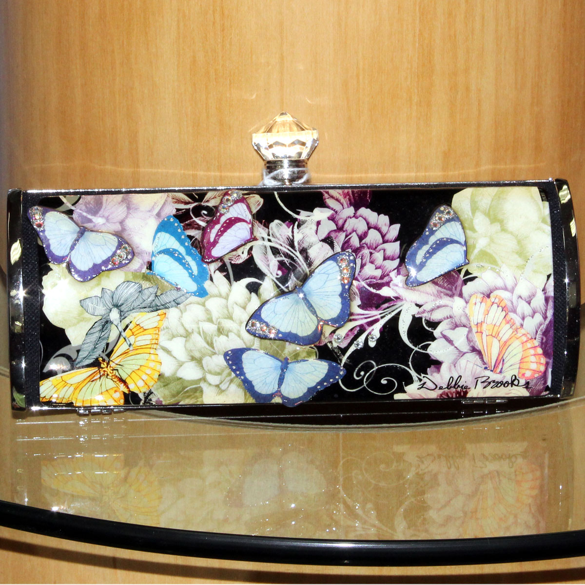 Debbie Brooks Black Satin Long Crystal Butterfly Clutch Purse Golden Creations