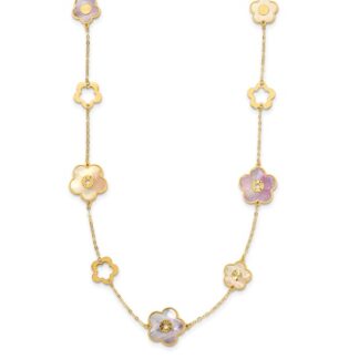 14K Yellow Gold Polished & Diamond Cut Burgundy & White Mother of Pearl Floral Reversible Necklace