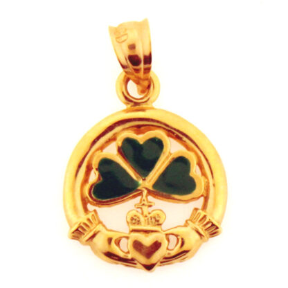 14K Yellow Gold Polished & Green Enameled 3-Leaf Claddagh Charm/Pendant