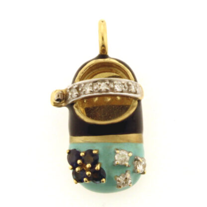 14K Yellow Gold Blue Sapphire & Diamond 3-D Enameled Shoe Charm/Pendant