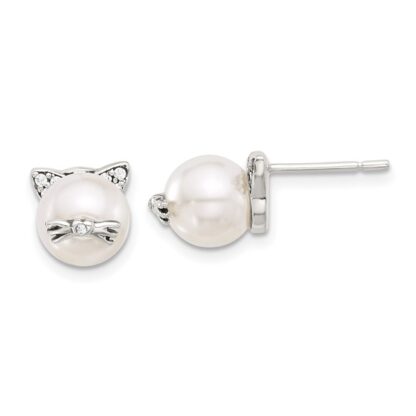 Sterling Silver Polished and Antiqued CZ and Synthetic Pearl Cat Post Earrings