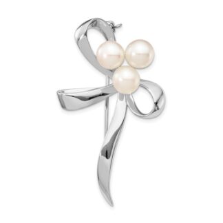 Sterling Silver Rhodium-Plated Button Freshwater Cultured Pearl Bow Brooch