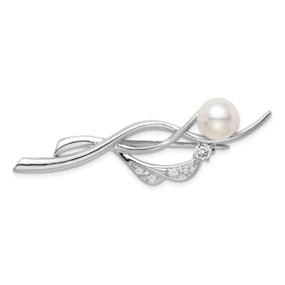 Sterling Silver Rhodium-Plated Freshwater Cultured Pearl & Cubic Zirconia Brooch