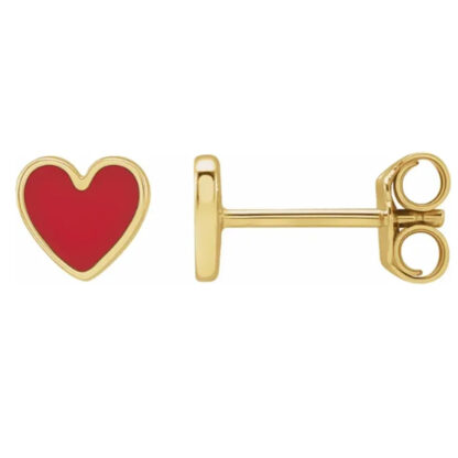 14K Yellow Gold Red Enamel Heart Stud Earrings