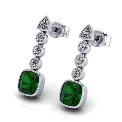 14K White Gold Natural Round Diamond, Lab Grown Trillion Diamond & Lab Grown Emerald Dangle Earrings