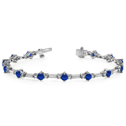 14K White Gold Round Blue Sapphire & Diamond Bracelet