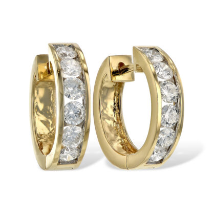 14K Yellow Gold Channel Set Diamond Hinged Hoop Earrings, 2.00 Carats Total Weight