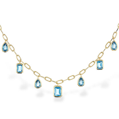 14K Yellow Gold Blue Topaz Dangle Stations Necklace